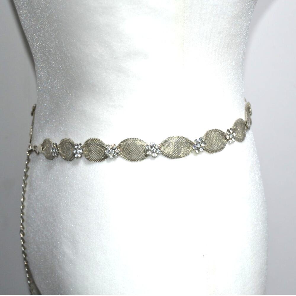 Silver Mesh Metal & Rhinestone Floral Belt Bridal - Picture 9 of 9